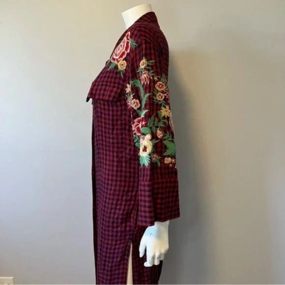 Zara trf Duster Tunic Dress Red Navy Plaid Embroidered Floral Belted size XS - Picture 7 of 14